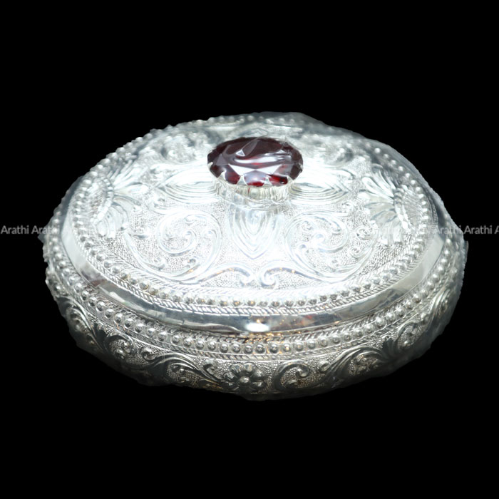 Jewelry Box (Oval Shape) | Floral Craved, Encrusted with 8 Gemstones. Nob and Inside Cushioned. with One Side Transparent Gift Box