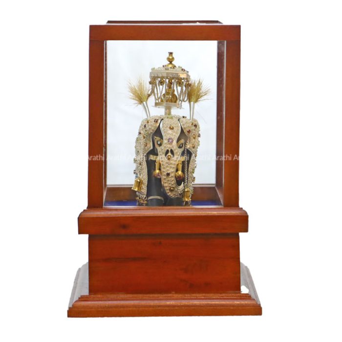Hand Crafted Royal Tusker Carrying the Sacred Tooth Relic Casket (4″) with Gift Box | Silver and Silver and Encrusted with 81 Gemstones