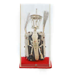 Hand Crafted Royal Tusker Carrying the Sacred Tooth Relic Casket (3″) with Gift Box | Silver and Silver and Encrusted with 9 Gemstones
